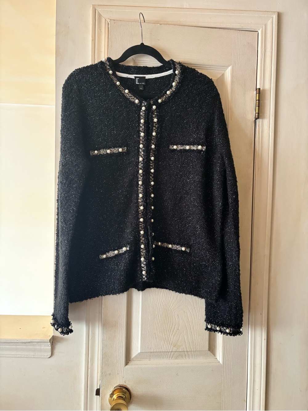 Love Token Black Pearl-Trim Tweed Cardigan